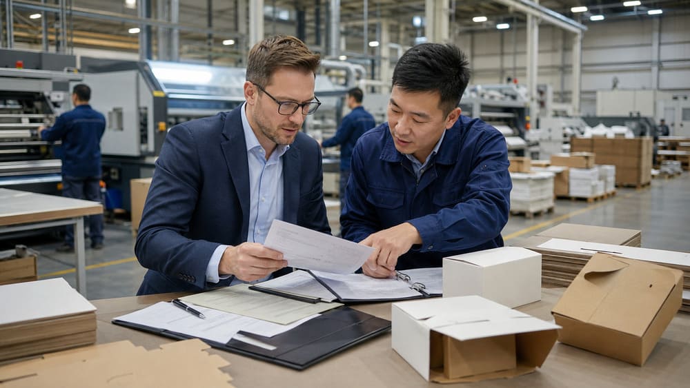 Packaging buyer reviewing supplier evidence documents with factory engineer