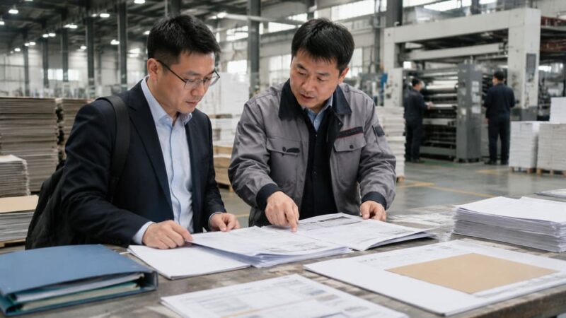 Procurement manager reviewing packaging supplier evidence and quality documents with a factory engineer before production approval