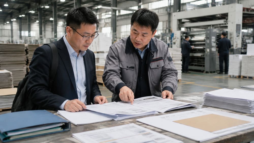 Procurement manager reviewing packaging supplier evidence and quality documents with a factory engineer before production approval