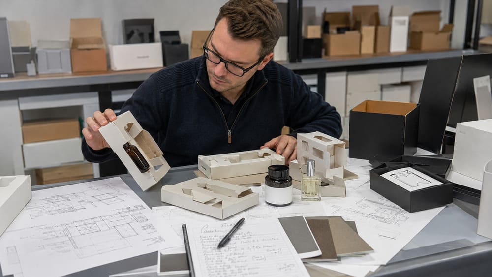 Packaging engineer evaluating paper insert solutions for product positioning and internal organization