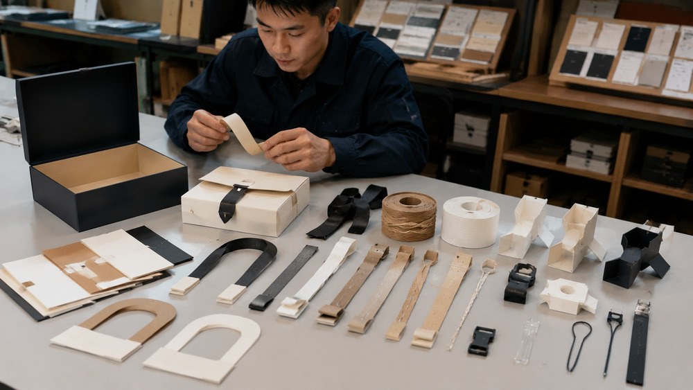 Packaging engineer reviewing paper-based accessories to replace hidden plastic components in plastic-free packaging