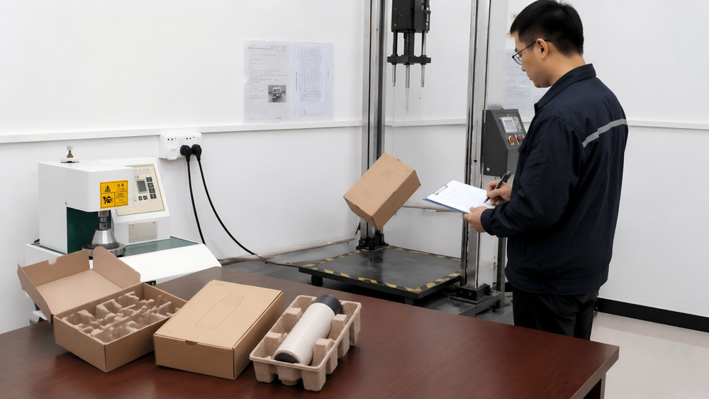Packaging engineer performing drop test validation for plastic-free packaging protection
