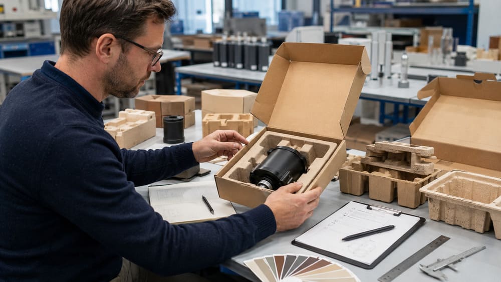 Packaging engineer checking product fit and internal movement in plastic-free packaging structure