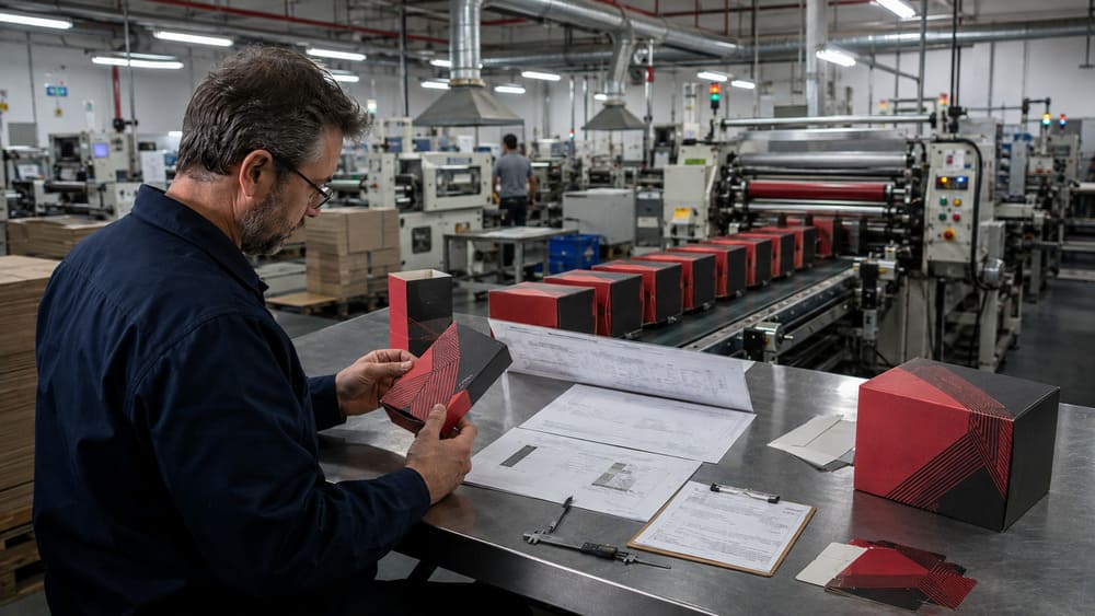 Approved packaging sample validation before mass production with production reference documents