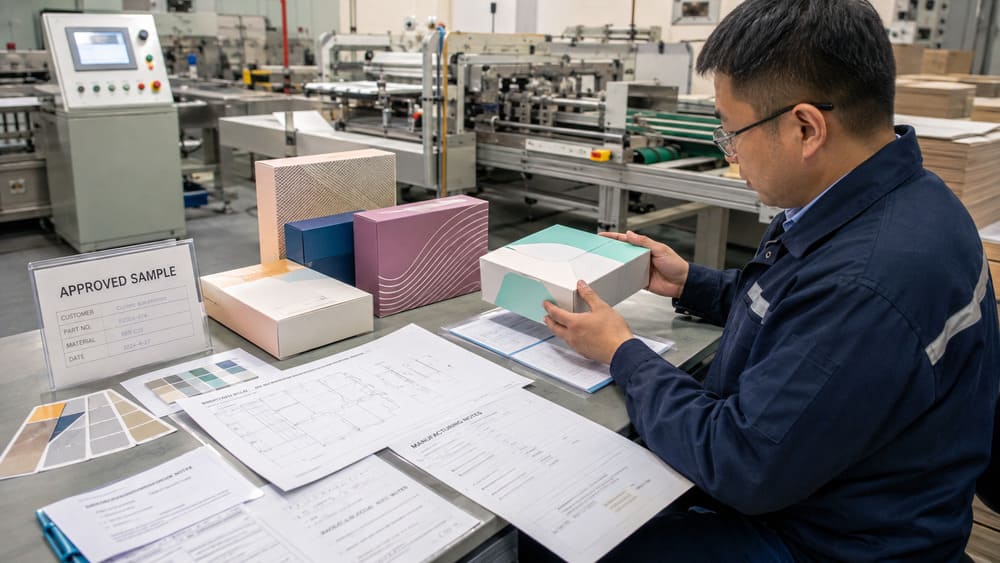 Approved packaging sample used as production reference before mass manufacturing