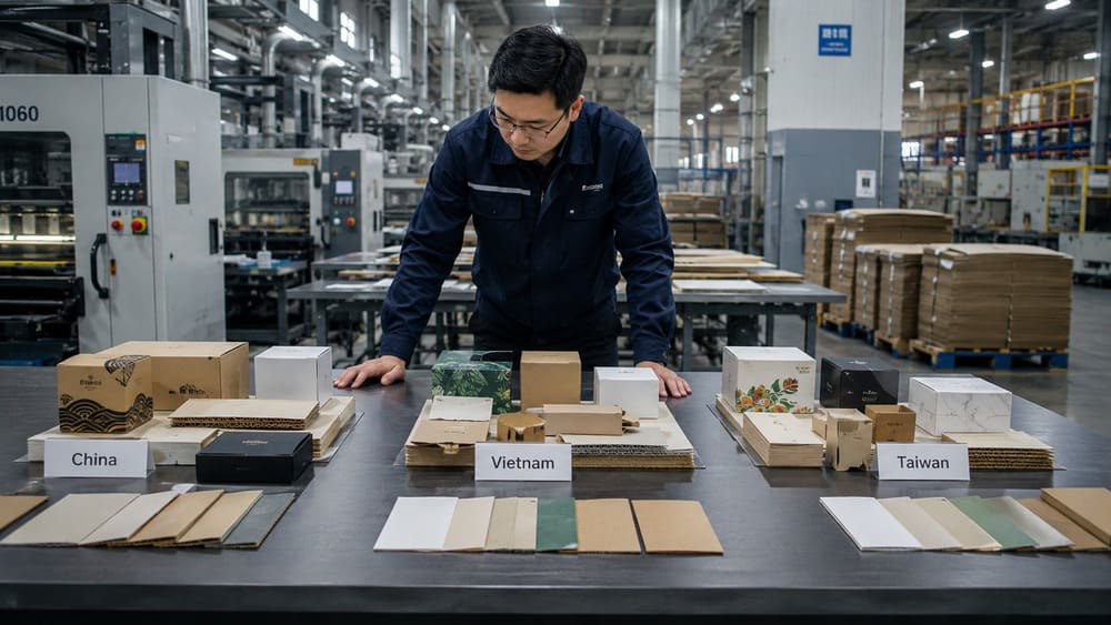 Packaging engineer evaluating China Vietnam Taiwan packaging manufacturing options with paper packaging samples in a factory