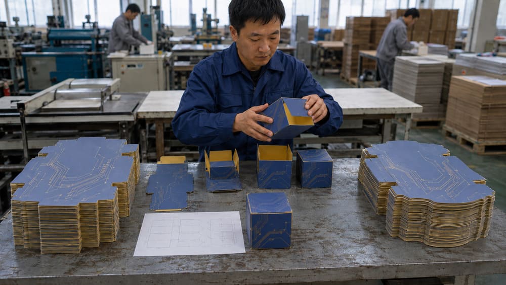 Paperboard material consistency checked for folding and fit before packaging mass production
