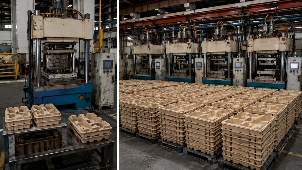 Single versus multiple molded pulp production mold sets for higher daily output and delivery capacity