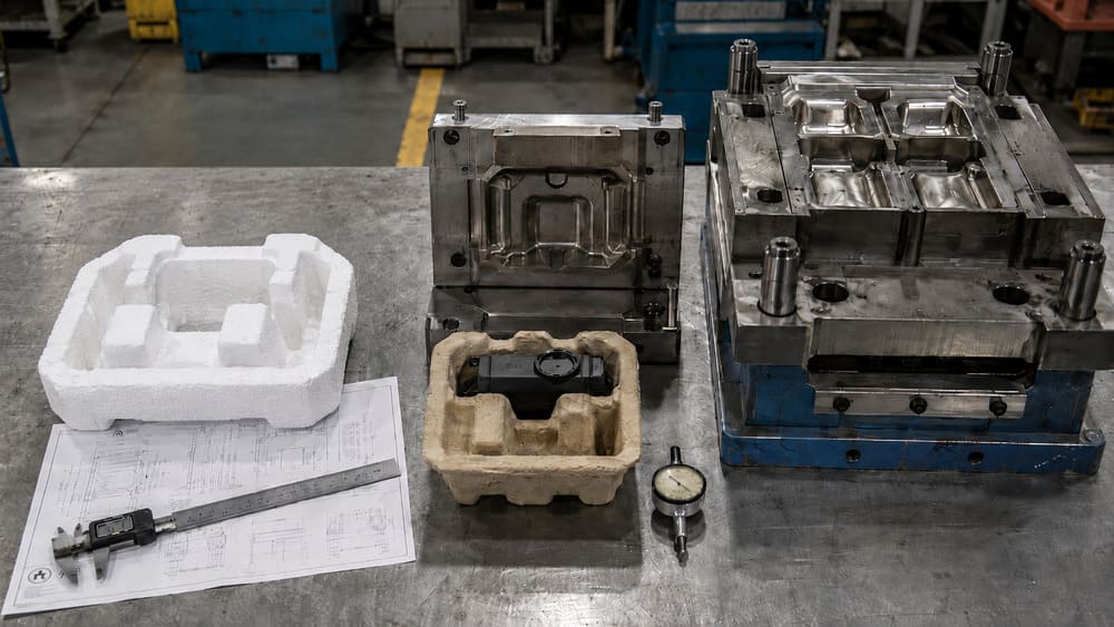 EPS prototype, single-cavity sample tooling, and production tooling stages for molded pulp packaging