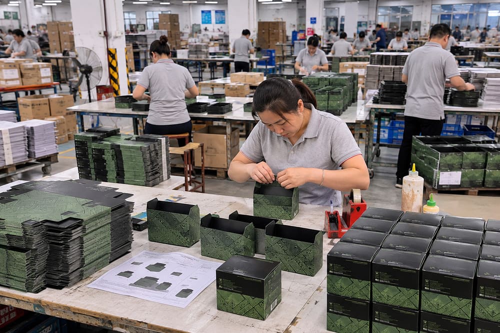 Packaging operators checking repeatable assembly during higher-volume production