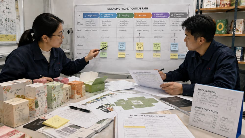 Packaging lead time critical path map showing design review sampling approval and production stages