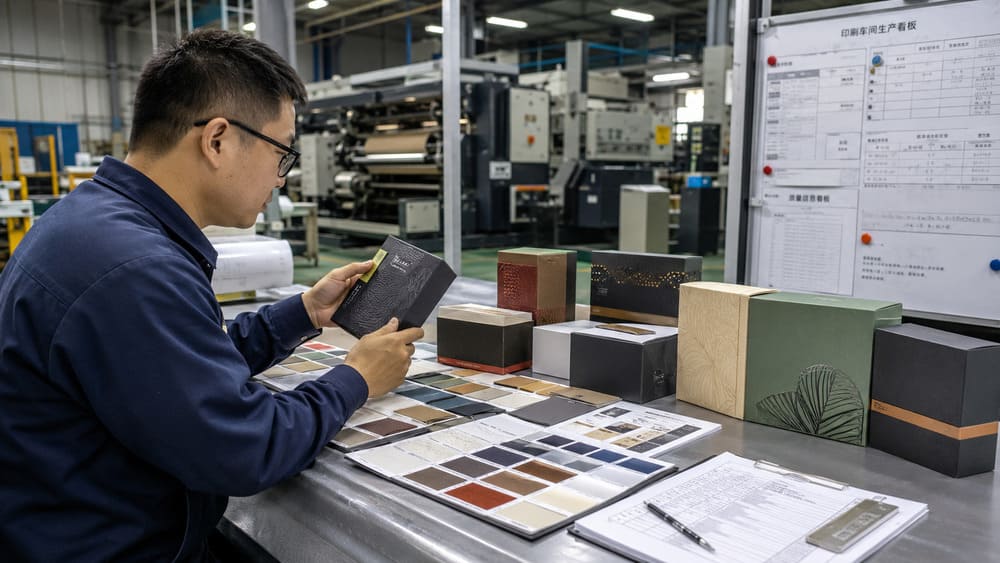 Packaging engineer comparing custom paper samples and material finishes during production review