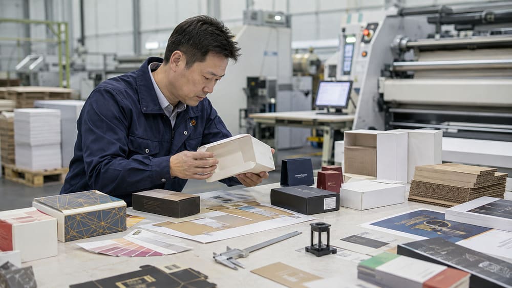 Packaging engineer reviewing materials production processes and quality control capability in a packaging factory