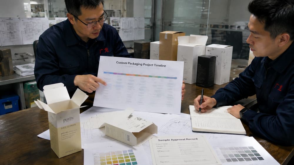 Packaging project timeline showing design review sampling approval and production lead time stages