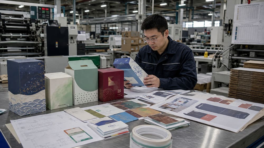 Packaging engineer reviewing custom packaging samples before mass production