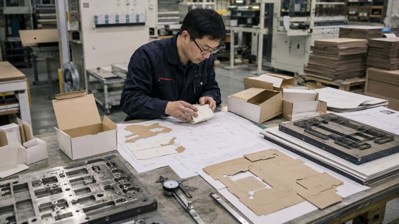 Packaging engineer reviewing custom packaging tooling, structural samples, and production preparation before mass production