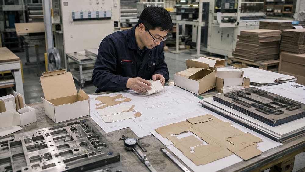 Packaging engineer reviewing custom packaging tooling, structural samples, and production preparation before mass production