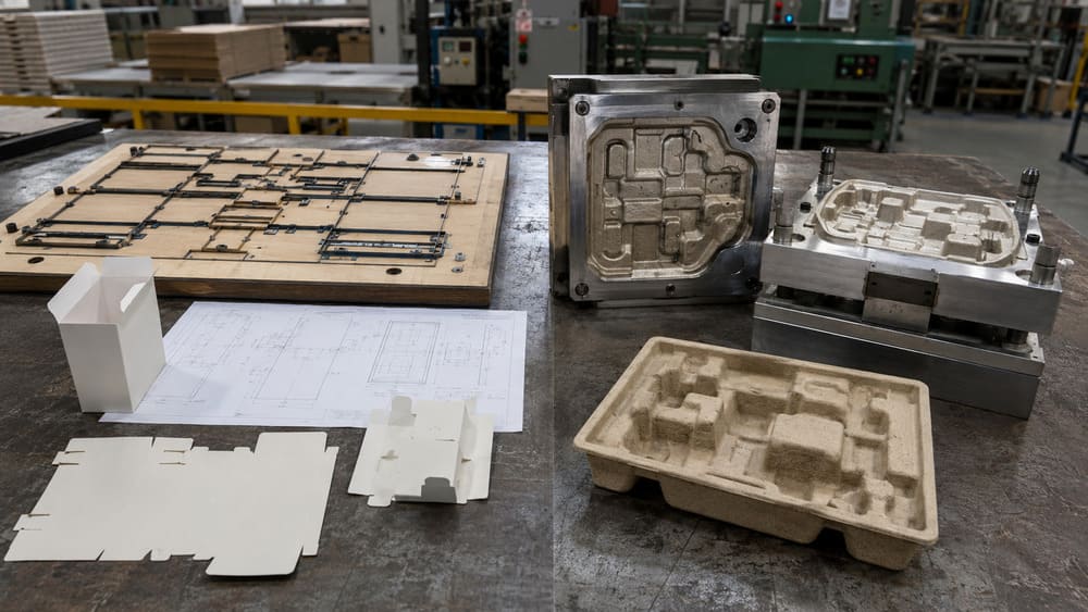 Die-cut tooling for paper packaging compared with molded pulp tooling for custom packaging production