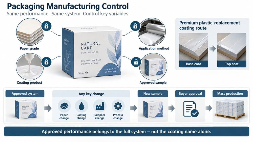 Approved coating system showing locked paper, coating, process and approved sample with re-sampling required for key changes