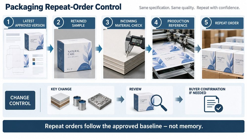 Repeat-order packaging control using the latest approved version, retained sample, incoming material check and production reference