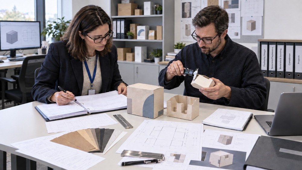 EU importer reviewing PPWR packaging compliance documents and a physical paper packaging sample