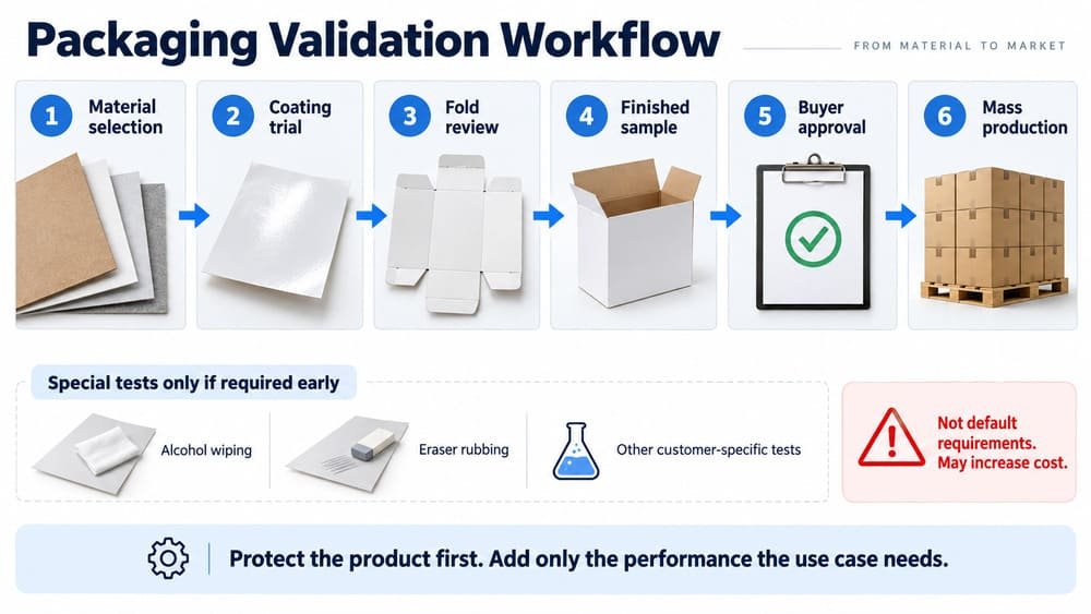 Simple validation workflow for film-free surface treatment showing sample review, optional special tests and buyer approval before mass production