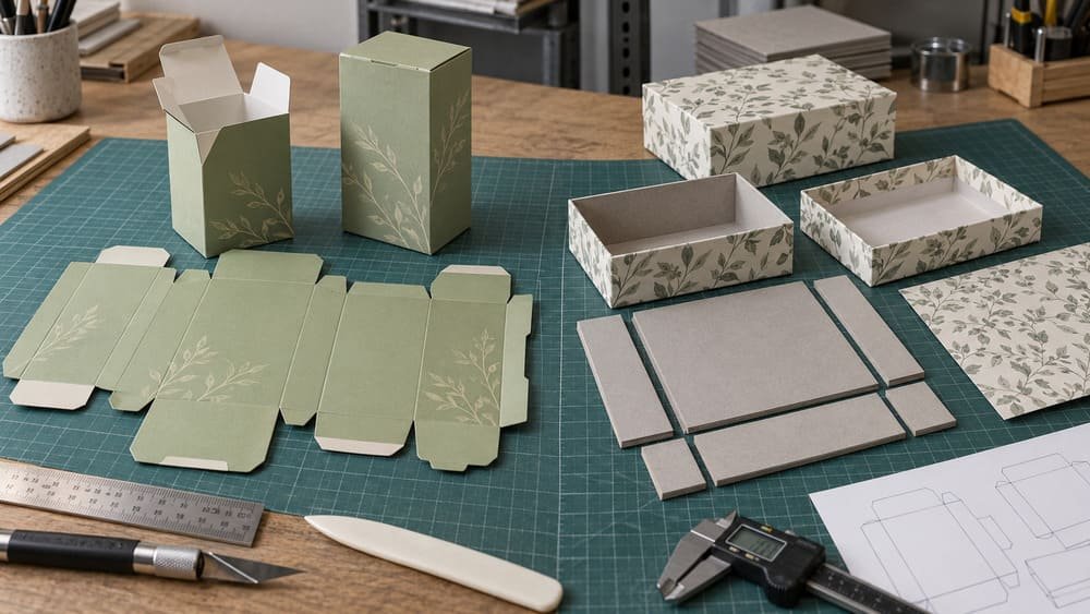 Folding carton and rigid box construction comparison showing folded paperboard versus wrapped rigid board structure.