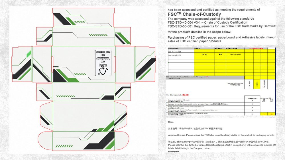 FSC buyer evidence file showing approved packaging artwork, FSC CoC certificate and SGS label review record