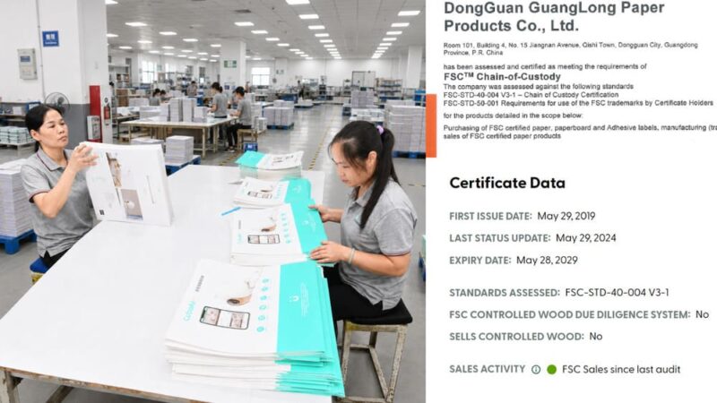 FSC certificate and public verification record for a certified paper packaging manufacturer