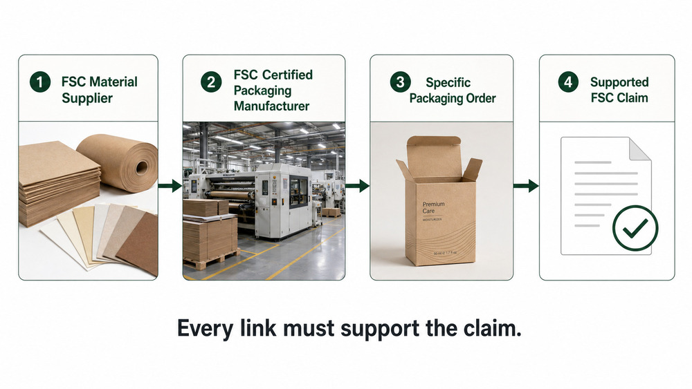 FSC packaging Chain of Custody from certified material supplier through manufacturer to the specific packaging order