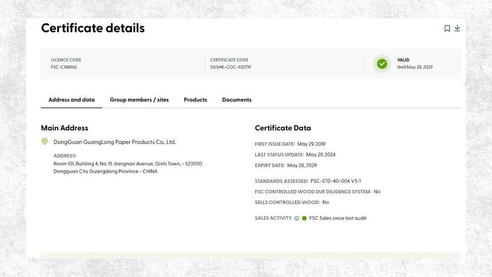 FSC public certificate search showing supplier certificate code, trademark licence code, validity and expiry date