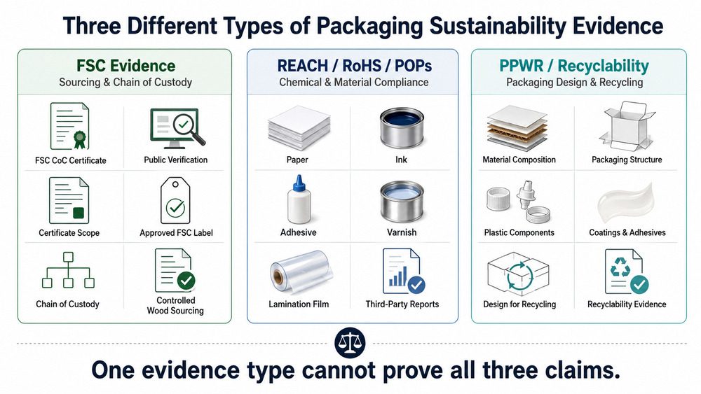 Comparison of FSC sourcing evidence, REACH RoHS POPs compliance evidence and PPWR packaging recyclability evidence