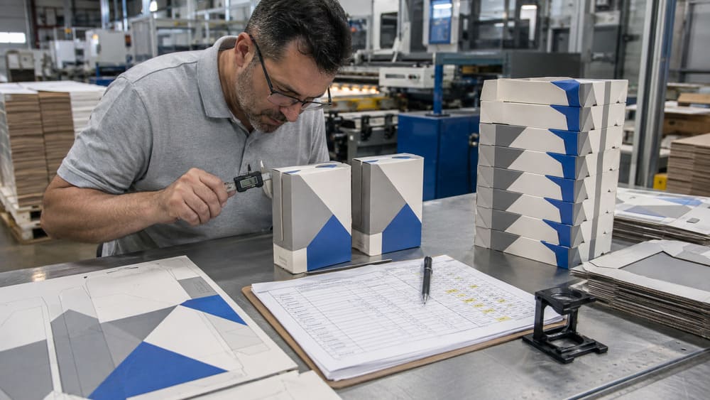 Quality inspector comparing printed cartons with an approved reference sample and dimensional