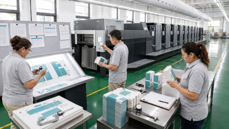 Packaging quality inspectors checking materials, production output, and finished cartons during the quality control process