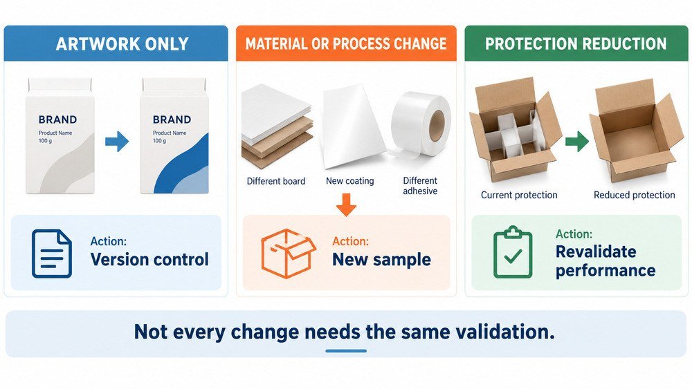 Packaging change re-approval guide showing artwork changes, material or process changes and protection reductions with different validation actions