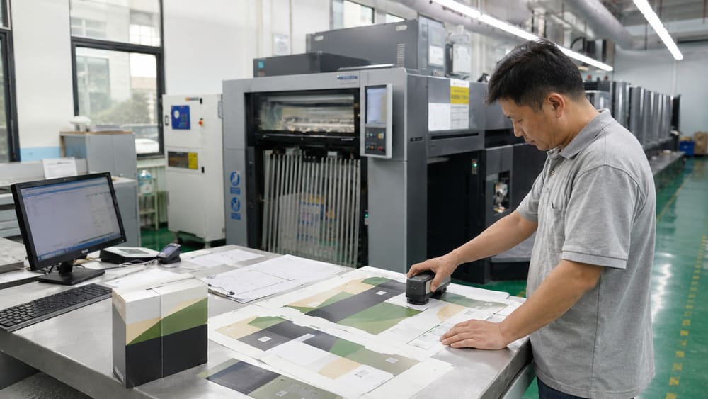 Packaging quality technician comparing an approved print sample and measuring production color with a spectrophotometer