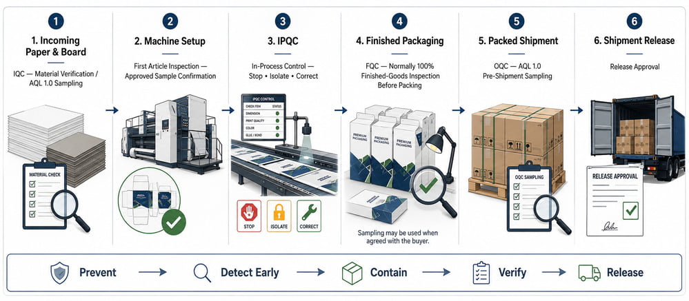 Packaging quality control process from IQC and First Article Inspection through IPQC, FQC, OQC and shipment release