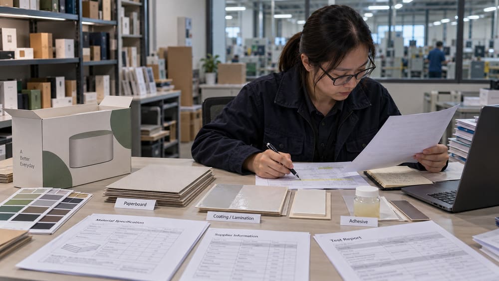 Packaging quality reviewer checking whether a third-party test report matches the actual material supplier and production specification.