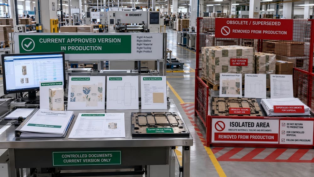 Packaging version control matching approved artwork dieline materials tooling and compliance evidence before production