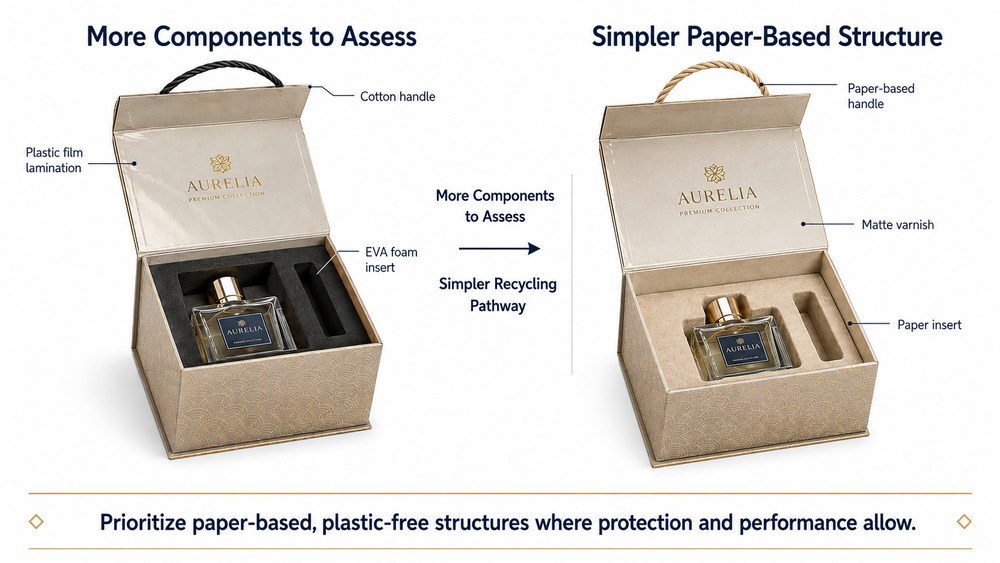 Comparison of paper packaging with mixed plastic components and paper-based plastic-free packaging designed for simpler recycling