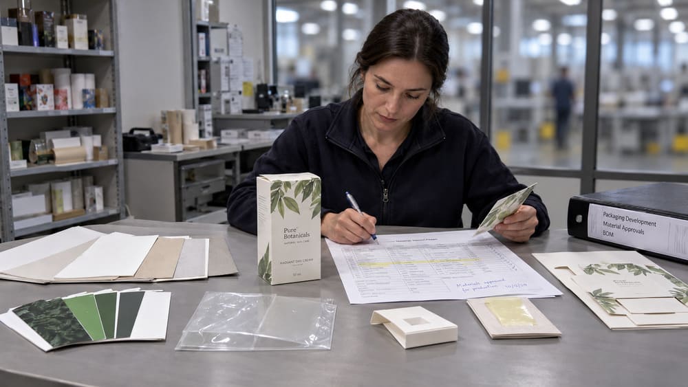 Packaging engineer reviewing the final paperboard, ink, adhesive and coating specifications before checking compliance evidence.