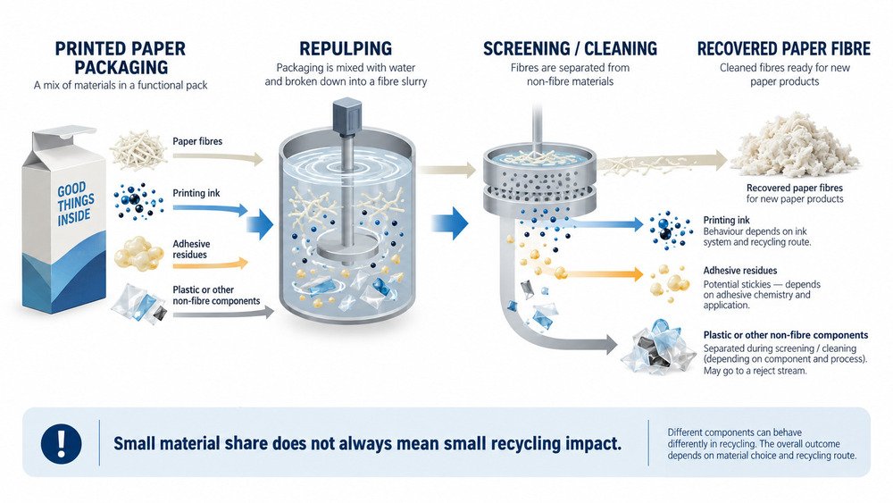 Paper packaging recycling process showing repulping, screening, ink behaviour, adhesive stickies and separation of non-fibre components