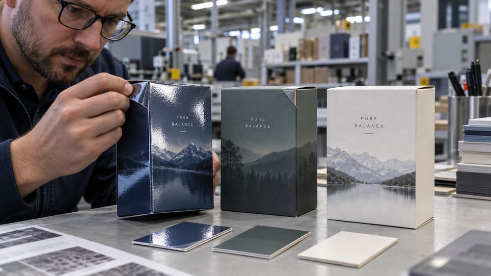 Paper packaging samples comparing plastic film lamination with coating-based plastic-free surface finishes