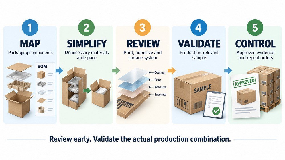 Five-step PPWR Design for Recycling buyer workflow from packaging review to validation and approved evidence baseline