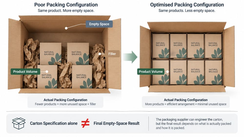 PPWR empty space comparison showing how actual product loading and filler affect carton space efficiency