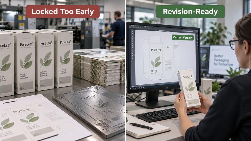 PPWR packaging artwork comparison showing locked-too-early files versus revision-ready version control