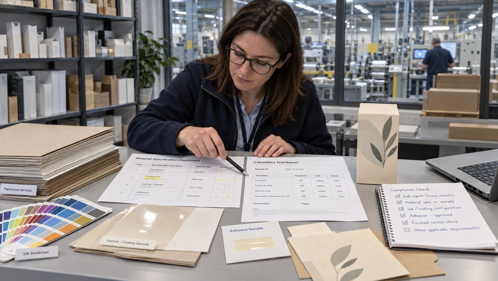 Packaging compliance review comparing a PPWR heavy-metals test report with paperboard, ink, coating and adhesive materials