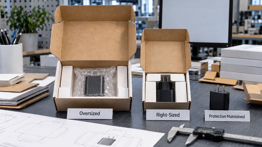 Packaging minimisation comparison showing a right-sized box maintaining product protection and production feasibility