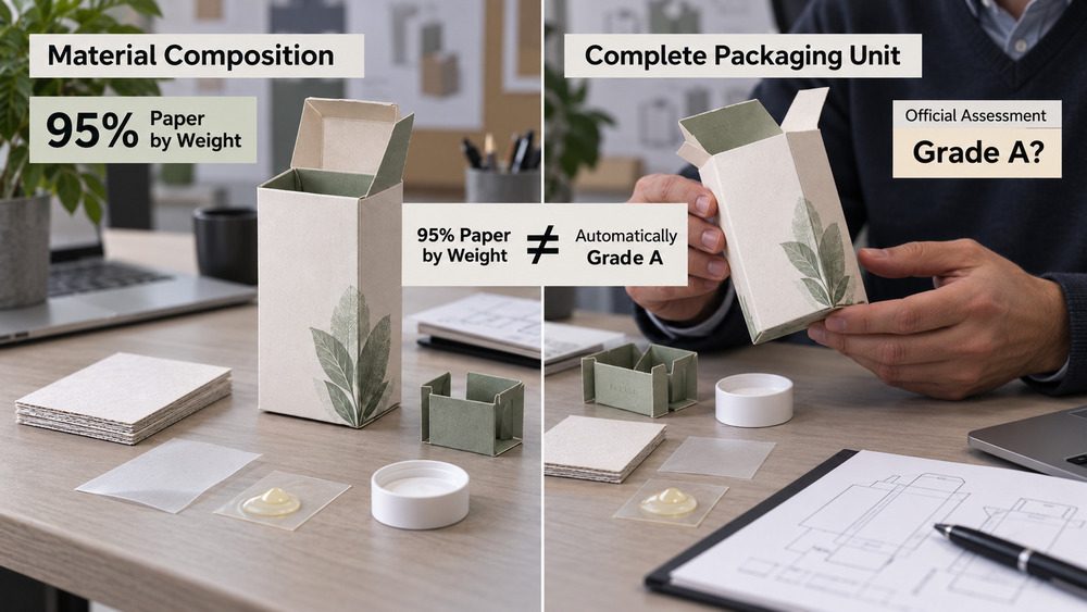 PPWR recyclability comparison showing that 95 percent paper content does not automatically mean Grade A packaging