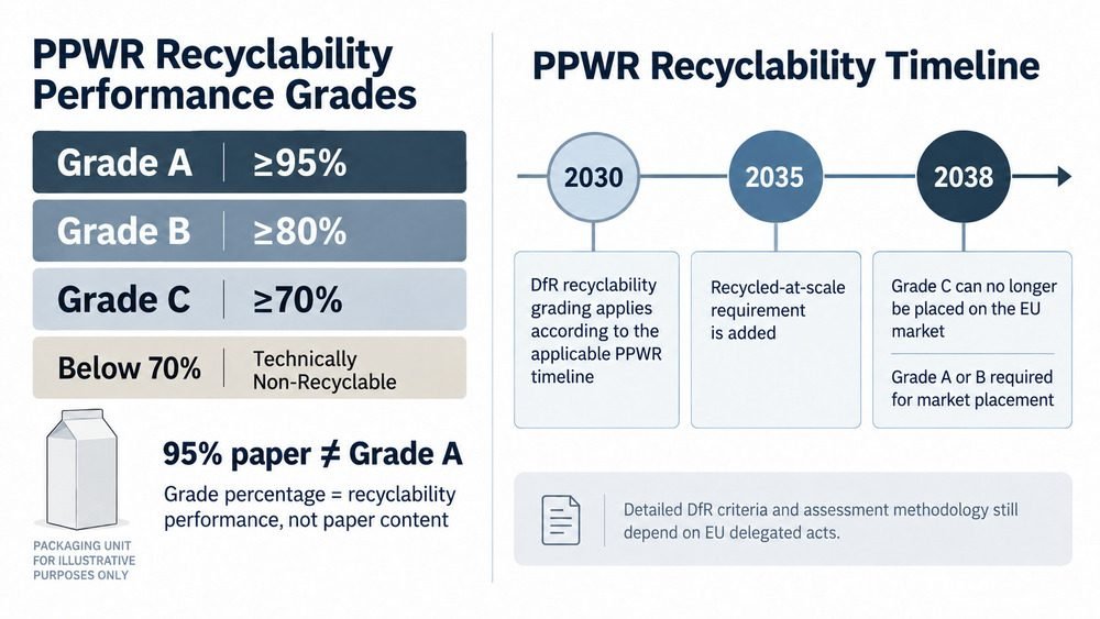 PPWR recyclability Grades A, B and C thresholds with 2030, 2035 and 2038 packaging requirements